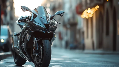 Sleek black sport bike waiting for a twilight city ride.