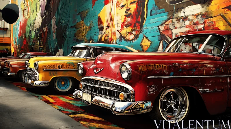 Chrome jukebox cruisers parked beneath roaring mural skies.