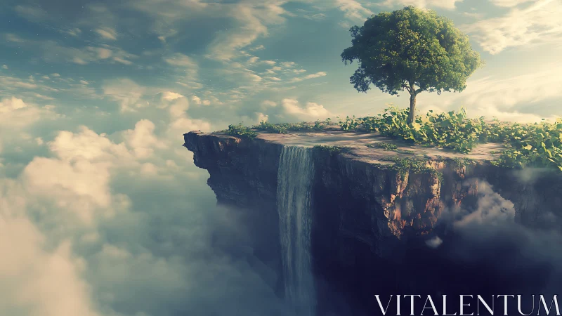 Solitary Tree on Misty Cliffs Above Clouds.