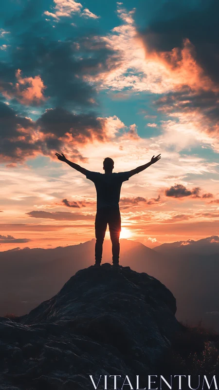 Silhouette on mountain peak under vibrant sunset sky.