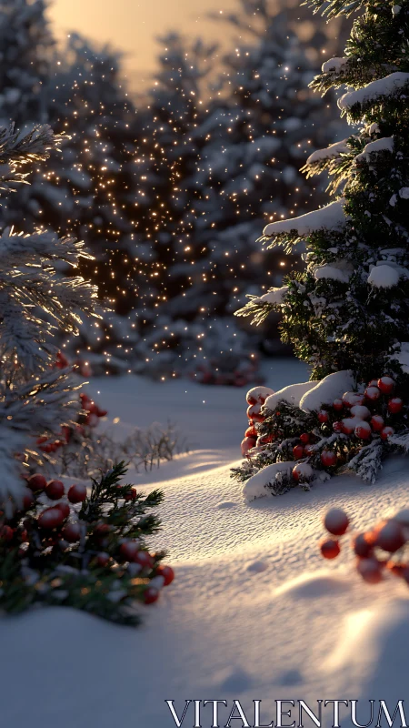 Snow-laden conifer grove with berries in golden hour backlight