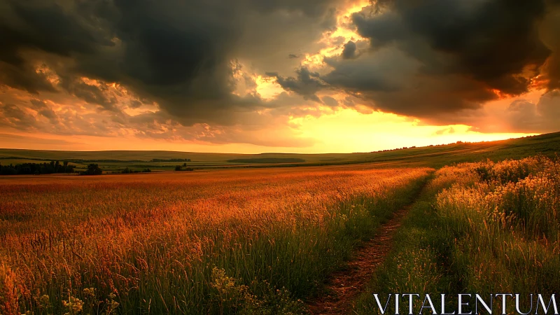 Stormlit sunset over glowing rural grassland trail.