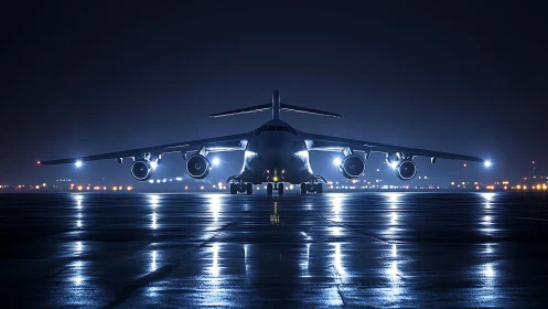 Night runway cargo jet under intense blue-white lights.