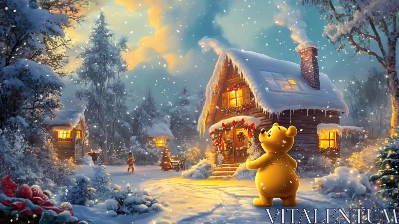 Snowy log cabin with festive lights and bear character at dusk