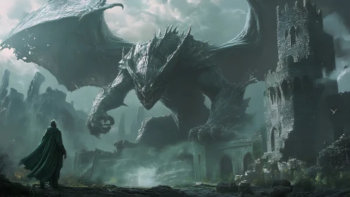 Colossal draconic siege over ruined citadel in misty gloom.