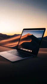 Open laptop on desert dunes at sunset with warm glow.