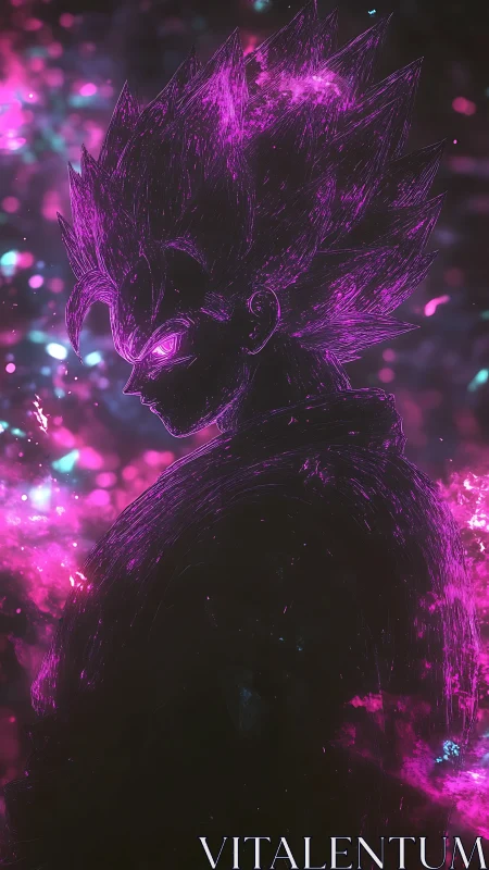 Neon magenta anime warrior silhouette with glowing aura and sparks