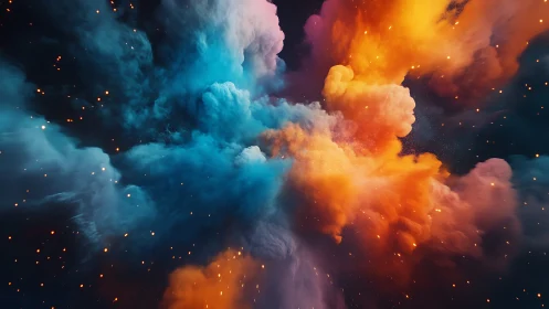 Vibrant cosmic nebula clouds in teal, orange, and gold.