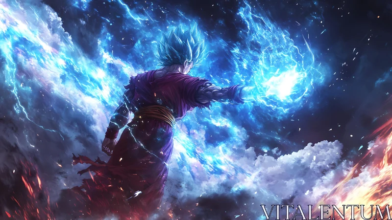 Blue-haired warrior projecting concentrated energy blast.