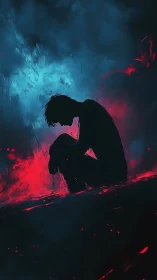 Silhouetted figure in triadic neon haze and emotive contrast.