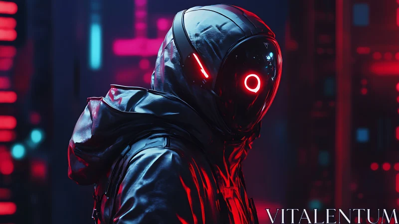Futuristic hooded figure in glowing red cyberpunk helmet.
