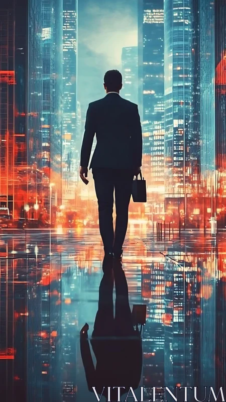 Executive Silhouette Ascending Corporate Urban Skyline.