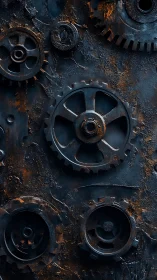 Rusty industrial gear assembly displays corroded metal textures