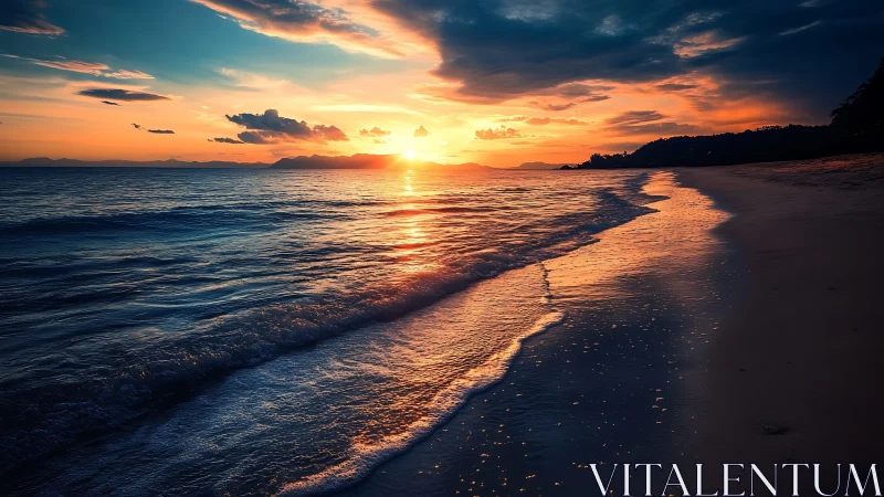 Sunset light over tranquil shoreline and reflective waves.