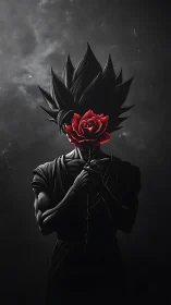 Monochrome warrior silhouette with single red rose mask