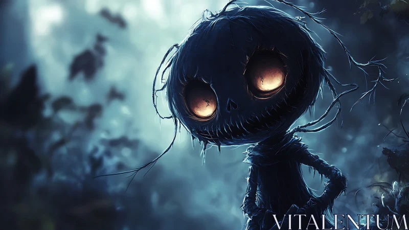 Spooky stitched scarecrow glows inside misty twilight woods.