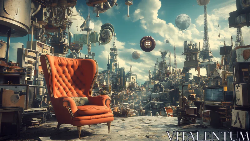 Cozy orange armchair in a whimsical floating cityscape.