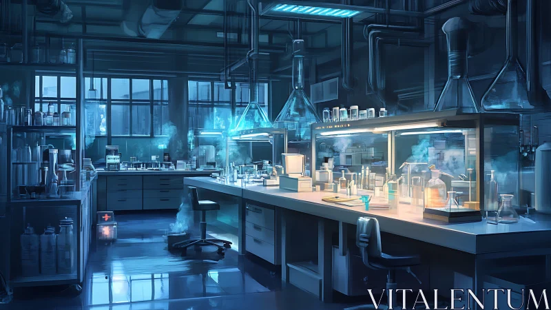 Futuristic blue laboratory interior glows with active research