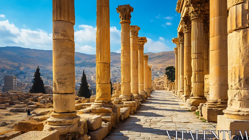Ancient colonnaded stone street with city and hills beyond.