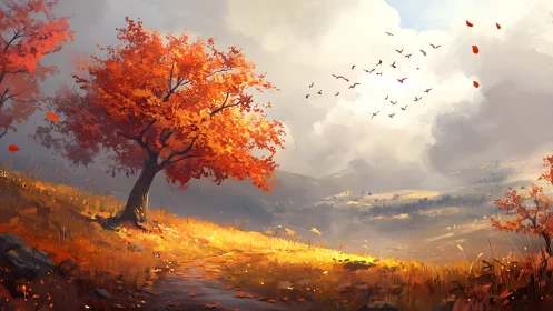 Autumn hillside landscape with orange tree and distant valley.