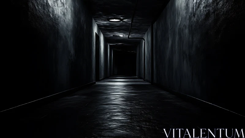Dimly lit concrete corridor fades into eerie darkness.