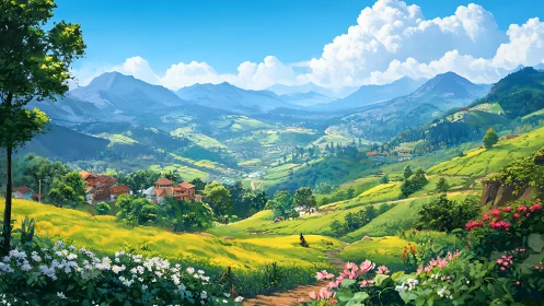 Sunlit valley village wrapped in gentle green hills.