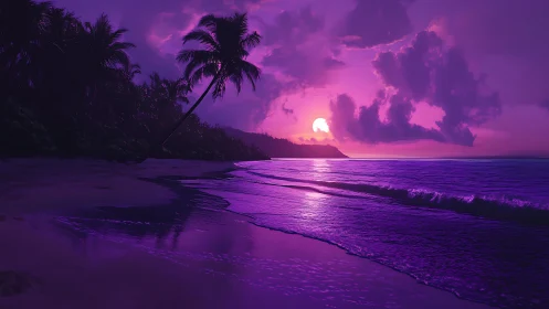 Violet tide hushes a neon sunset over whispering palms.