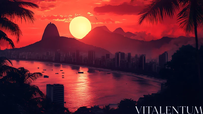 Sunset illuminates coastal city skyline and mountainous horizon