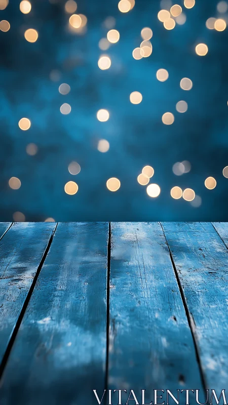 Weathered blue table under soft golden evening lights.