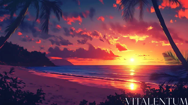 Digital coastal sunset scene shows silhouetted palms and surf