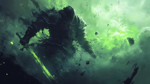Emerald ghost knight emerging through toxic storm clouds.