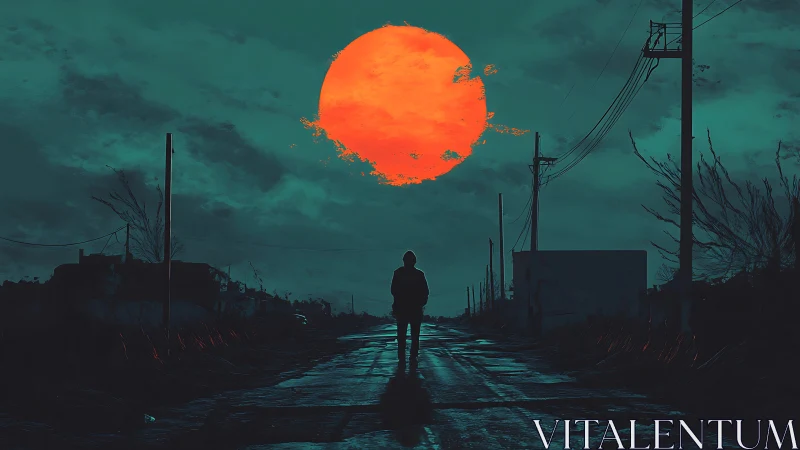 Silhouette on empty road under large red sun at dusk.