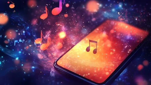 Glowing smartphone screen releases vibrant streaming music notes