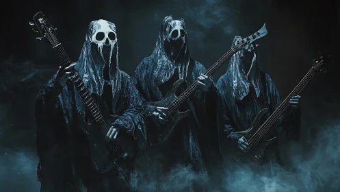 Hooded skeletal rock band emerges from swirling stage fog