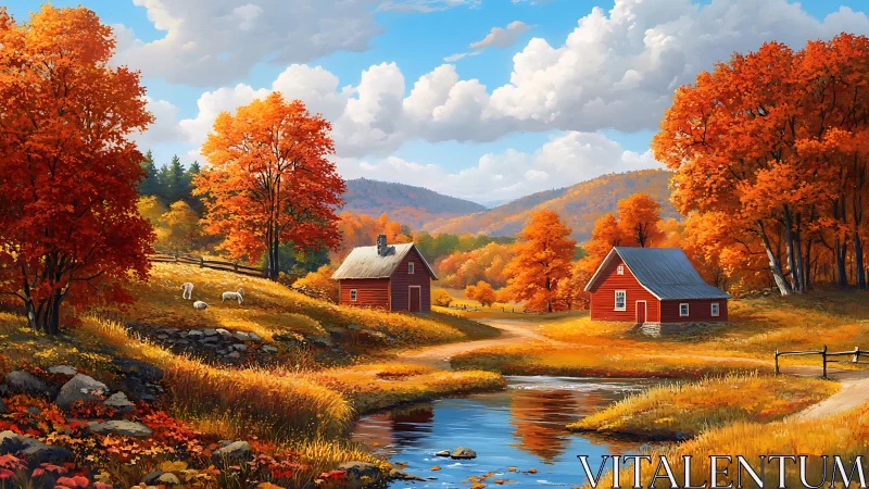 Autumn countryside farmhouses reflect in calm winding creek