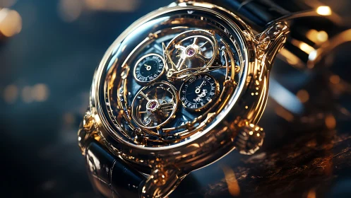 Skeleton tourbillon wristwatch rendered in hyperreal macro detail