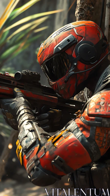 Armored sci fi soldier aiming rifle in dense outdoor terrain.