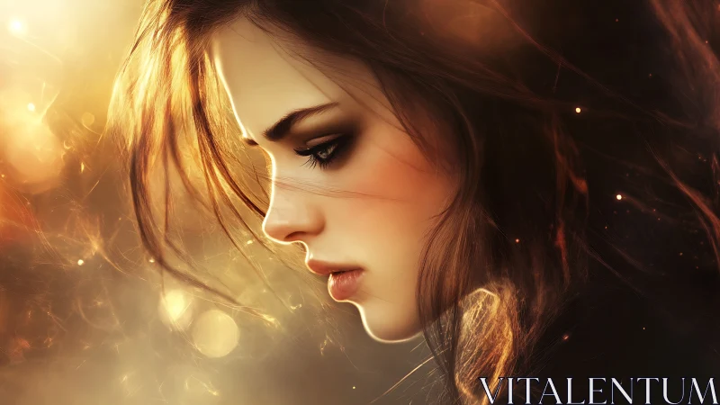 Luminous profile study of young woman in warm bokeh field.