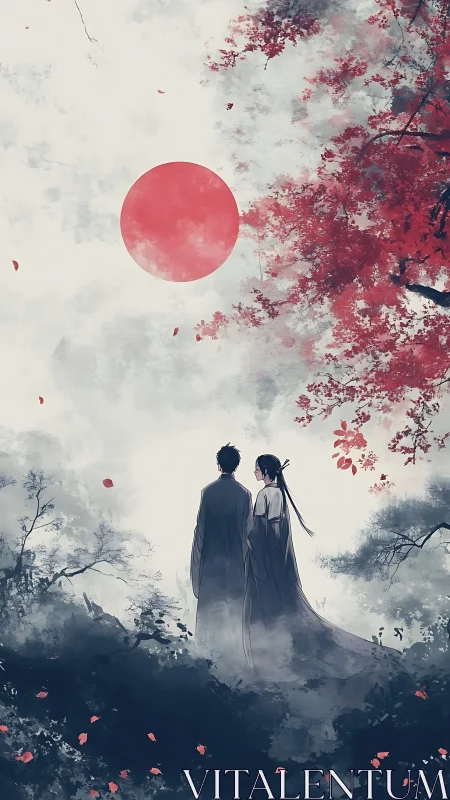 Bilateral lovers under vermilion sun in misted inkscape.