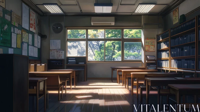 Sunlit anime classroom filled with quiet after-school calm.
