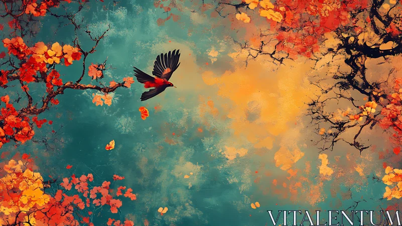 Chromatic autumn canopy with mid-flight bird silhouette study.