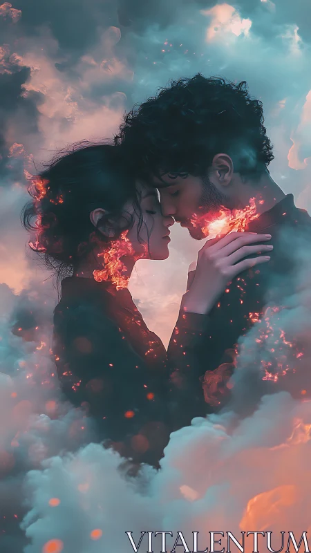 Silhouetted Couple in Clouds with Fire Effects