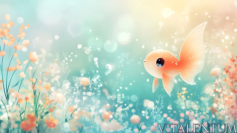 Luminous goldfish drifting through pastel bokeh meadowscape.