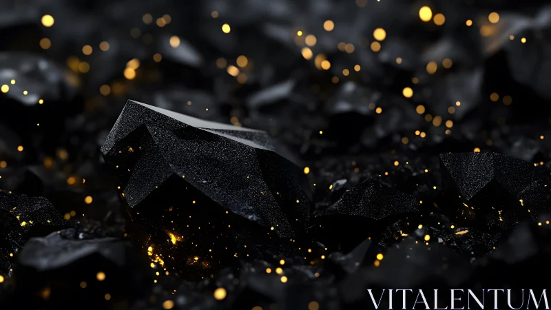 Black crystals with glowing gold particles, abstract macro art style.