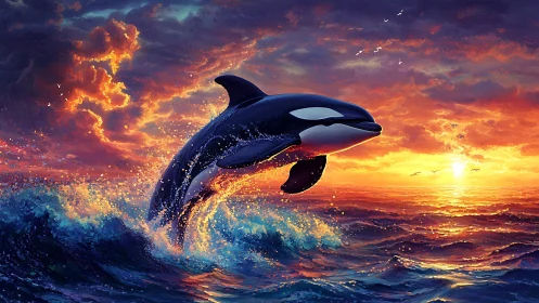 Orca leaping through iridescent sunset-streaked seascape.