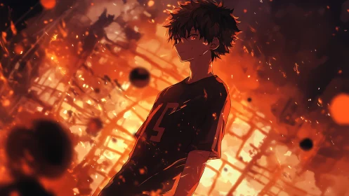 Backlit anime teen in ember filled fiery urban ruin