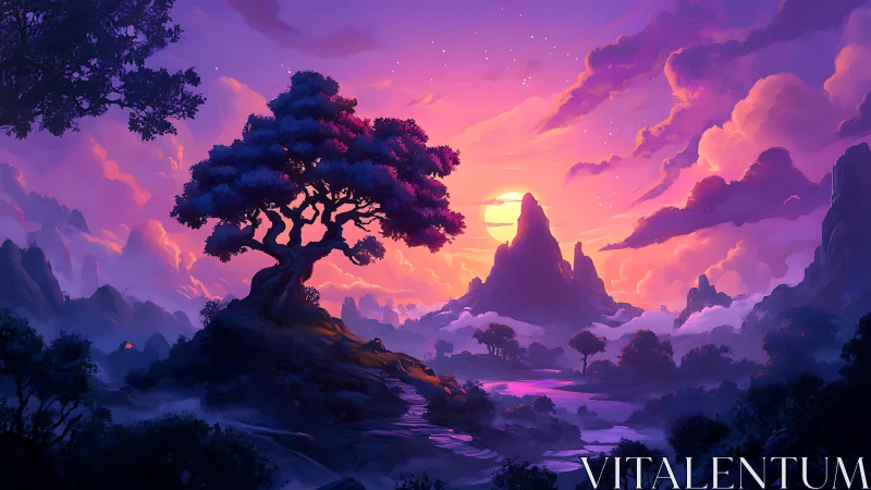 Digital painting of mystical tree against luminous sunset sky.