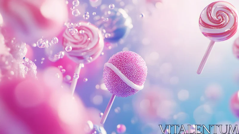 Whimsical Lollipops Floating in Pastel Dreamscape, Digital Art.