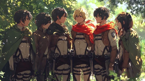 Brave anime squad shares a quiet moment in sunlit forest