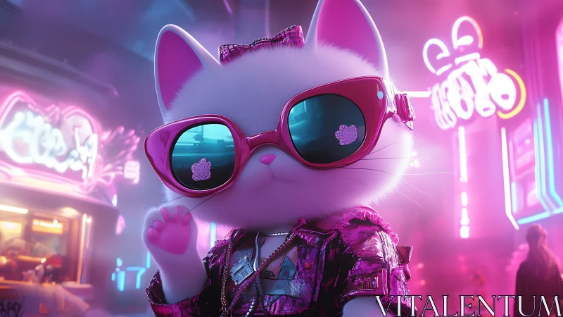 Neon lit cartoon cat in reflective sunglasses poses confidently